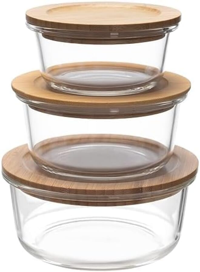 Smoni Glass Microwave Safe Square Glass Storage Containers with Bamboo Wooden Lids Leakproof Seal Microwave and Freezer Safe Bowl set of 3