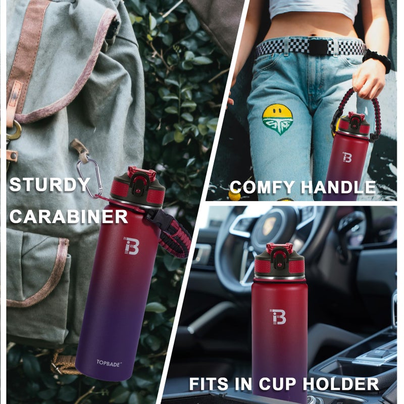 TOPBADE Insulated Water Bottle With 2 Lids (Straw Lid & Spout Lid), Stainless Steel Water Bottle with Paracord Handle Wide Mouth, Double Wall Sweat-Proof BPA-Free RED BLUE - Image 2