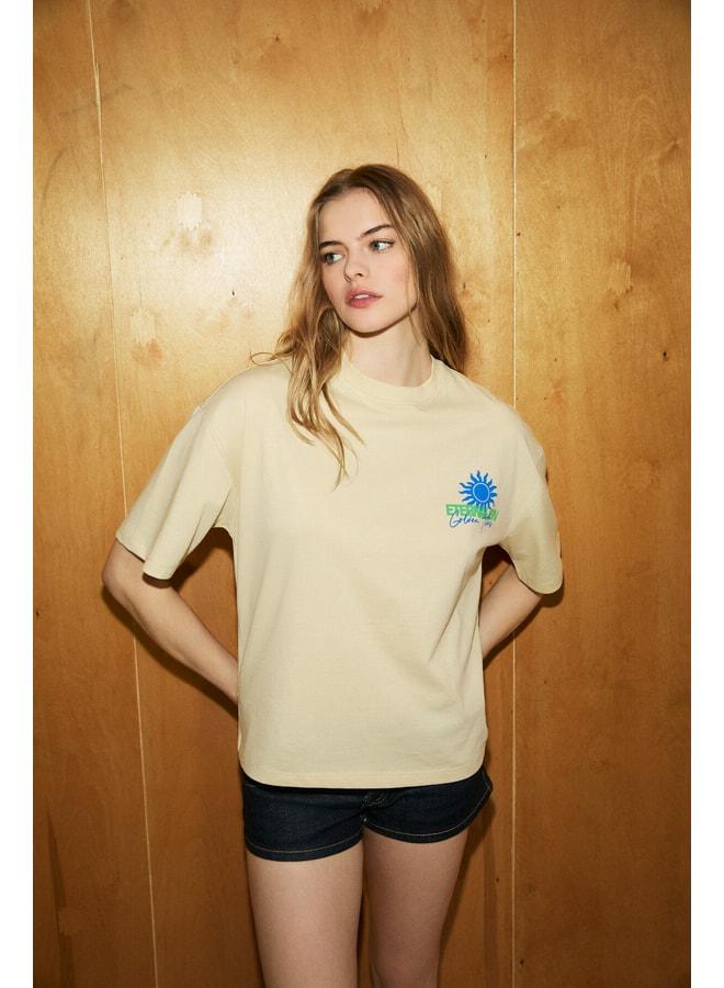 GRIMELANGE RAVELLO Women's Soft and Organic Cotton Printed Detailed Stone Color T-Shirt. - Image 3