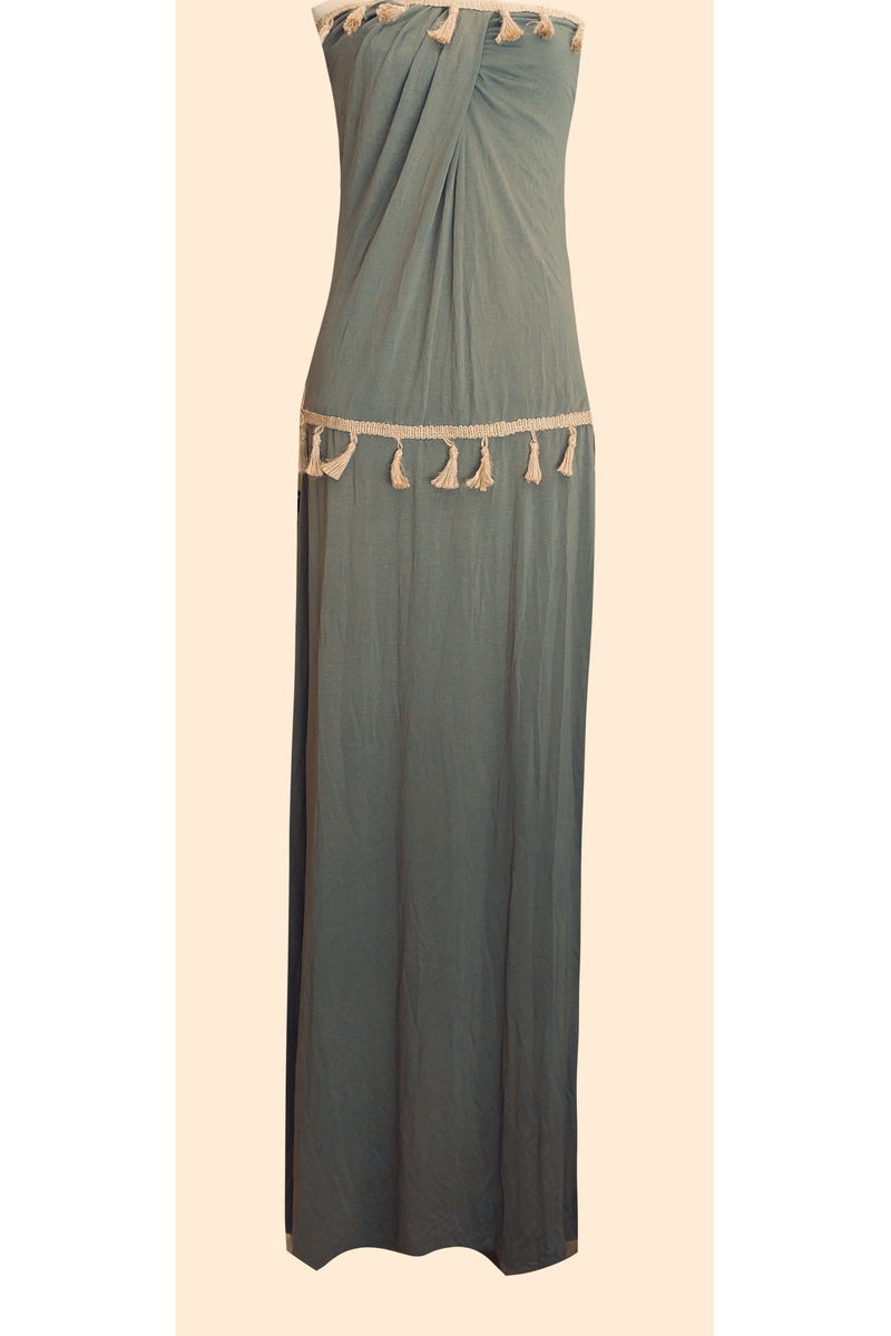 Women casual olive strapless maxi cotton dress 