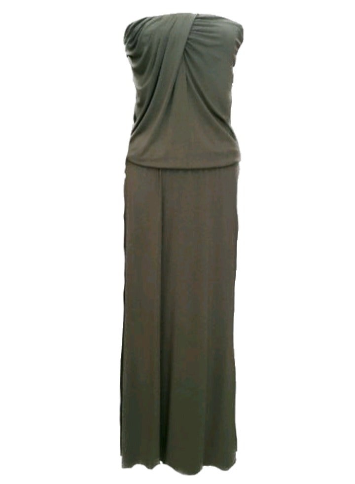 Women casual olive strapless maxi cotton dress 