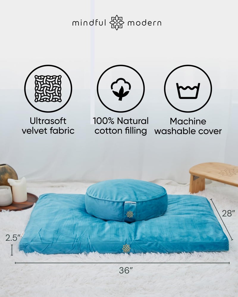 Mindful Modern Velvet Zabuton Meditation Mat - Luxurious Meditation Cushion Pillow with 100% Cotton Filling - Enjoy Better Posture and Greater Comfort for Zafu or Bench (Tropical Turquoise) - Image 3