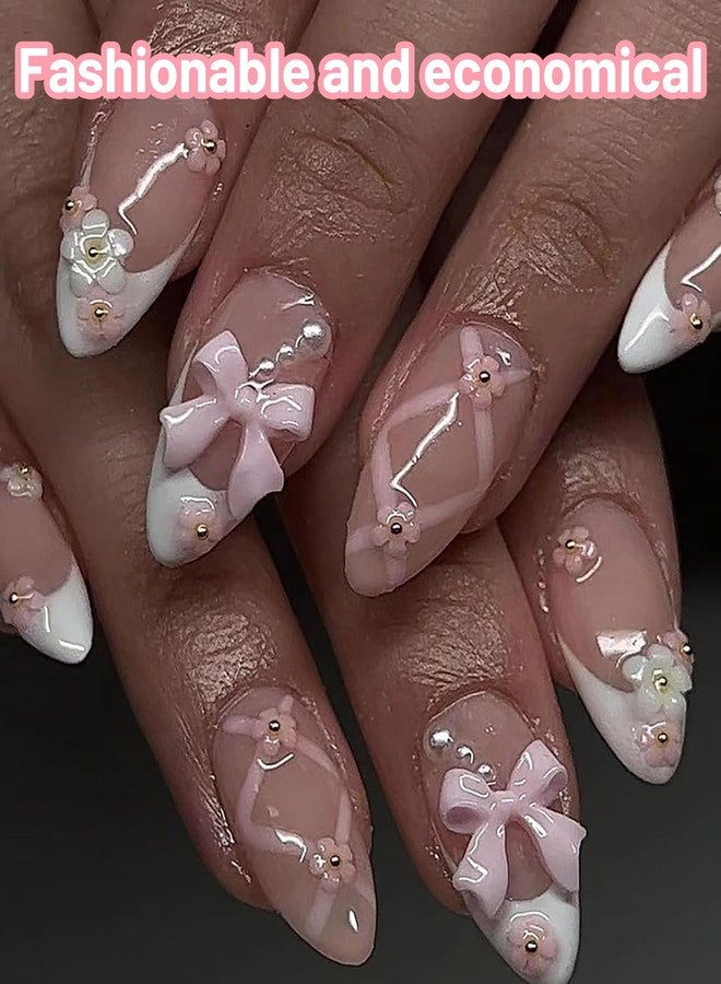 Buildcon 24 Pcs Press Ons Nails, Stick On Nails Kit with Elegant White Edge Design, Almond Shape False Nails for Women, Easy to Apply & Reusable Artificial Nails for Weddings - Image 5