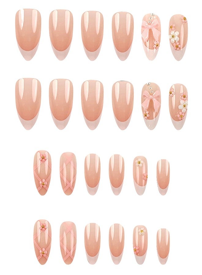 Buildcon 24 Pcs Press Ons Nails, Stick On Nails Kit with Elegant White Edge Design, Almond Shape False Nails for Women, Easy to Apply & Reusable Artificial Nails for Weddings - Image 1