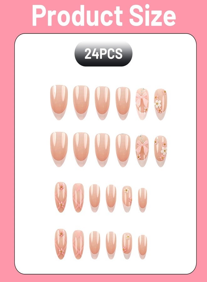 Buildcon 24 Pcs Press Ons Nails, Stick On Nails Kit with Elegant White Edge Design, Almond Shape False Nails for Women, Easy to Apply & Reusable Artificial Nails for Weddings - Image 2