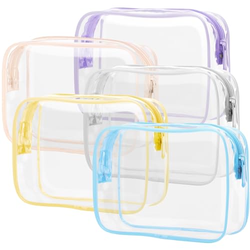 PACKISM Clear Toiletry Bag, 5 Pack TSA Approved Toiletry Bag Quart Size Bag, Travel Makeup Cosmetic Bag for Women Men, Carry on Airport Airline Compliant Bag, White, Yellow, Blue, Purple, Pink… - Image 1