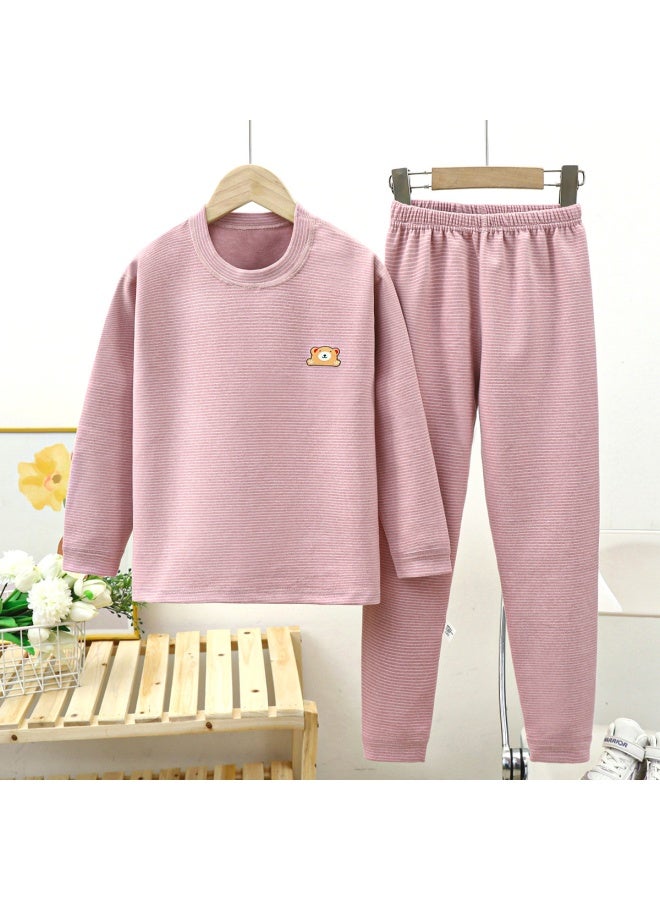 Children's Boneless German Velvet Mid-high Collar  Clothes And Long Trousers Set For Men And Women Stripesd Thickeneded Thermal Intimates Set