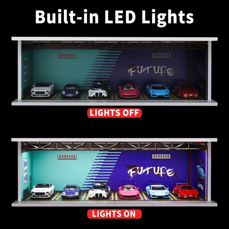 G-FANS 1/64 Scale Hot die-cast Wheels Model car scenarios Display case with LED Light and Acrylic Cover, Scenes Parking lot Diorama Storage Garage Box with 6 Parking Spaces (Future) - Image 3