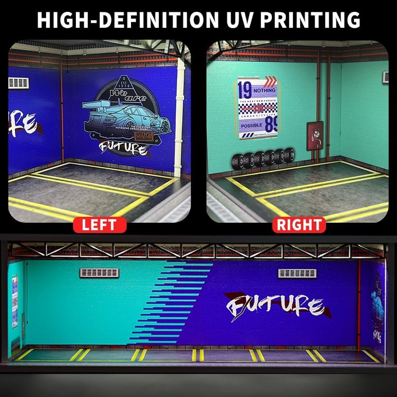 G-FANS 1/64 Scale Hot die-cast Wheels Model car scenarios Display case with LED Light and Acrylic Cover, Scenes Parking lot Diorama Storage Garage Box with 6 Parking Spaces (Future) - Image 4