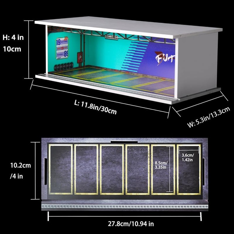 G-FANS 1/64 Scale Hot die-cast Wheels Model car scenarios Display case with LED Light and Acrylic Cover, Scenes Parking lot Diorama Storage Garage Box with 6 Parking Spaces (Future) - Image 2