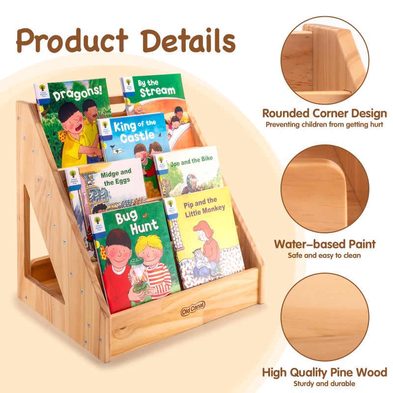 Old Canal Montessori Bookshelf, Kids Bookshelf and Toy Storage Organizer with Deep Sleeves, Toddler Book Shelves with Handle & Anti-Tilting Design, 5-Tier Pine Book Shelf for Kids Rooms, Nursery - Image 3
