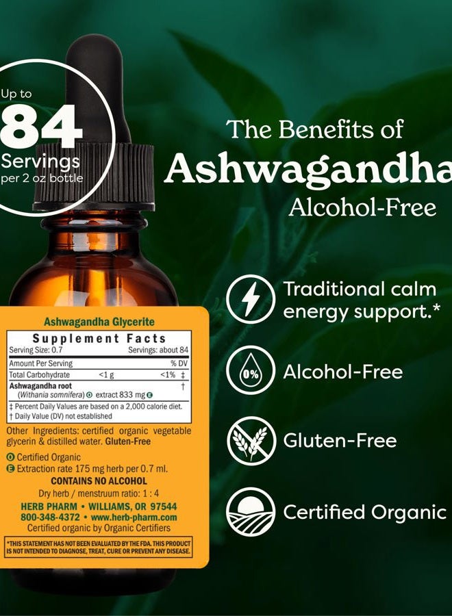 HERB PHARM قطرات مستخلص الأشواغاندا العضوي المعتمد للدعم التقليدي للطاقة والحيوية، خالي من الكحول، 2 أونصة - Image 2