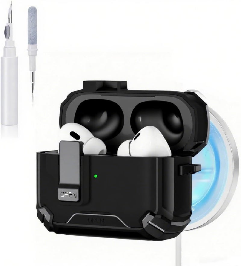 جابي for AirPods Pro 2nd/1st Secure Lock Case Cover with Phone Stand & Cleaning Kit, Compatible with MagSafe, Magnetic Automatic Lock for AirPods Pro Charging Case-Black - Image 2