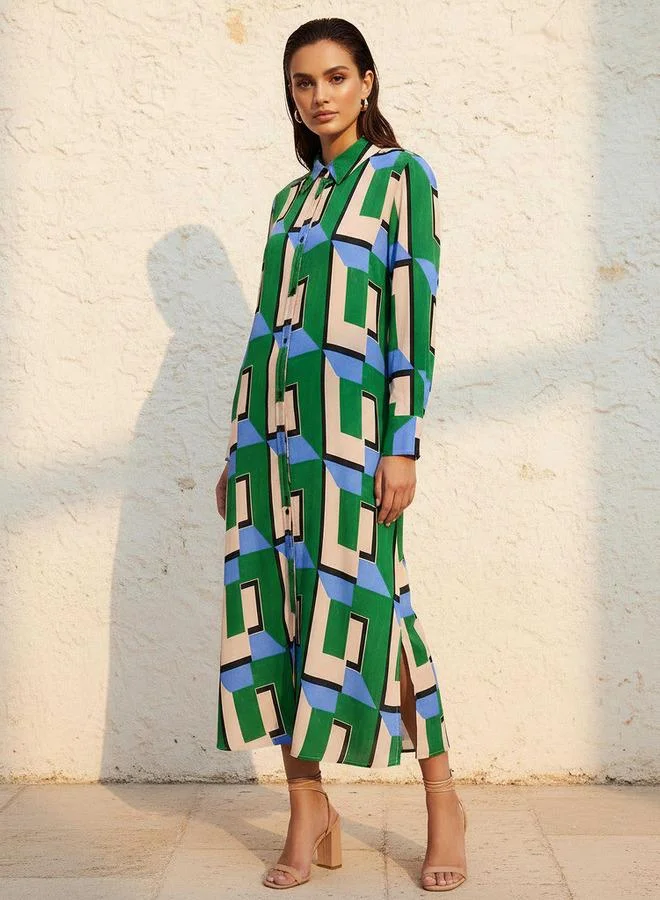 ايكونيك Iconic Midi Viscose Shirt Dress with Geometric Print