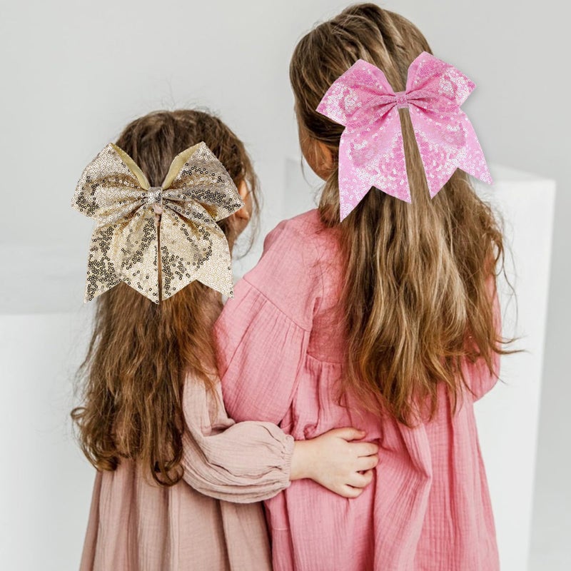 ZOLYCO Large Glitter Cheer Bows Clips, Jumbo Big 7 Inch Cheerleading Sequin Hair Bow Hair Accessories for Teens Girls Football Sports Cheerleader Outfit Uniform (Pink) - Image 3