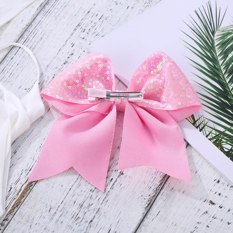 ZOLYCO Large Glitter Cheer Bows Clips, Jumbo Big 7 Inch Cheerleading Sequin Hair Bow Hair Accessories for Teens Girls Football Sports Cheerleader Outfit Uniform (Pink) - Image 5