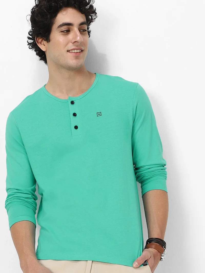 Urbano Fashion  Urbano Fashion Men's Teal Green Solid Henley Neck Slim Fit Full Sleeve Cotton T-Shirt  | Best Price UAE