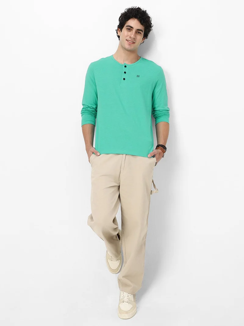 Urbano Fashion  Urbano Fashion Men's Teal Green Solid Henley Neck Slim Fit Full Sleeve Cotton T-Shirt  | Best Price UAE