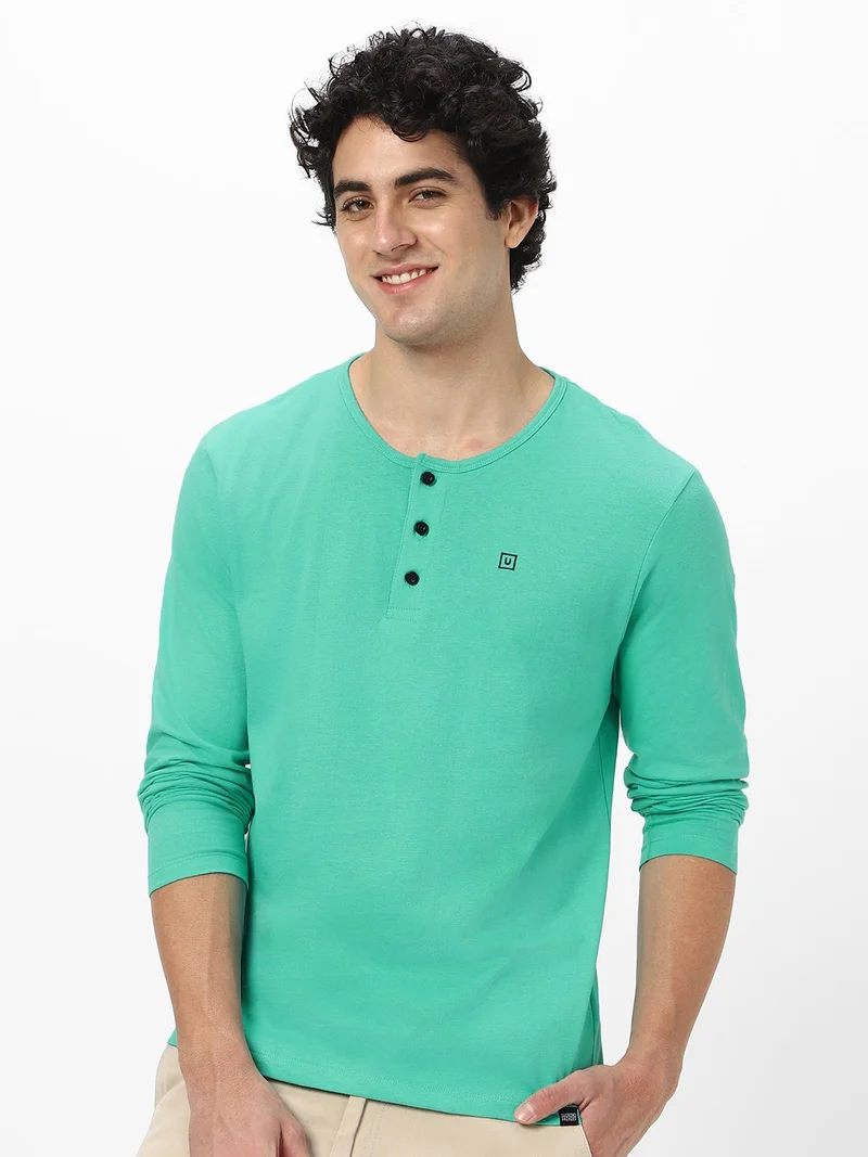 Urbano Fashion Men's Teal Green Solid Henley Neck Slim Fit Full Sleeve Cotton T-Shirt