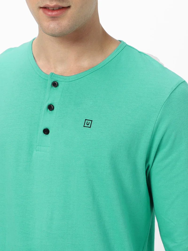 Urbano Fashion  Urbano Fashion Men's Teal Green Solid Henley Neck Slim Fit Full Sleeve Cotton T-Shirt  | Best Price UAE