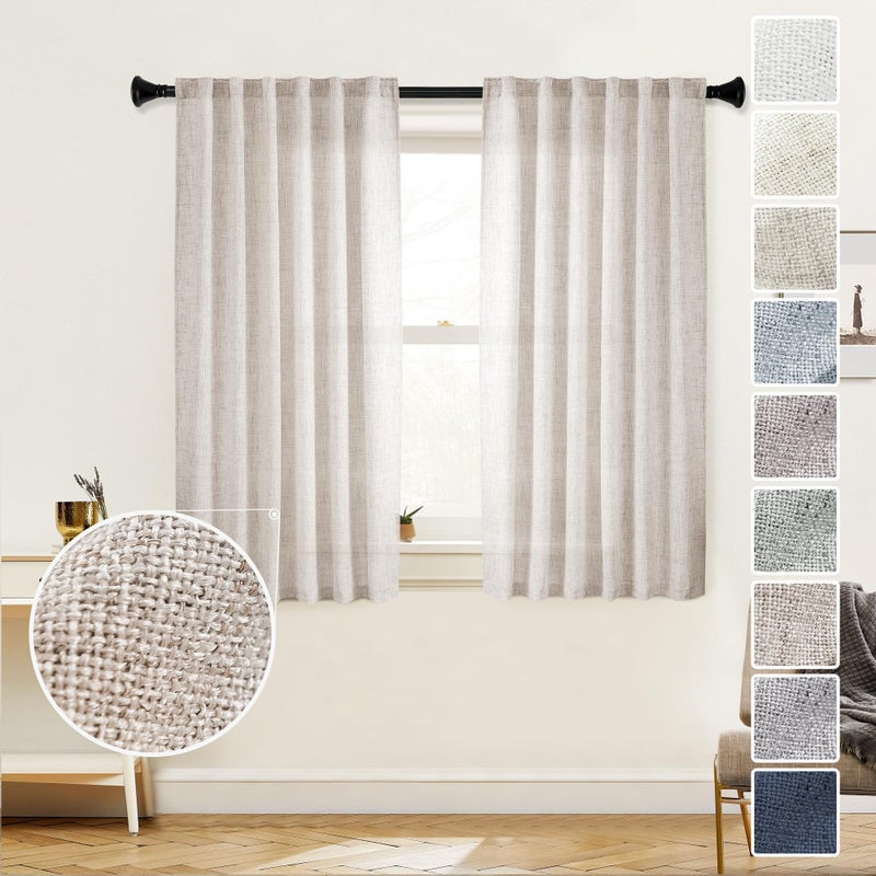 MEETBILY Short Linen Curtains 45 Inch Length for Kitchen Cafe Window Bathroom 2 Panels Set Back Tab Pocket Farmhouse Boho Light Filter Semi Sheer Linen Blend Curtains for Small Window  50""x 45"" - Image 1
