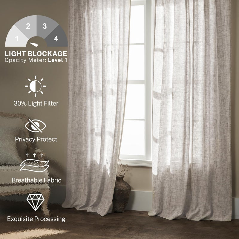 MEETBILY Short Linen Curtains 45 Inch Length for Kitchen Cafe Window Bathroom 2 Panels Set Back Tab Pocket Farmhouse Boho Light Filter Semi Sheer Linen Blend Curtains for Small Window  50""x 45"" - Image 2