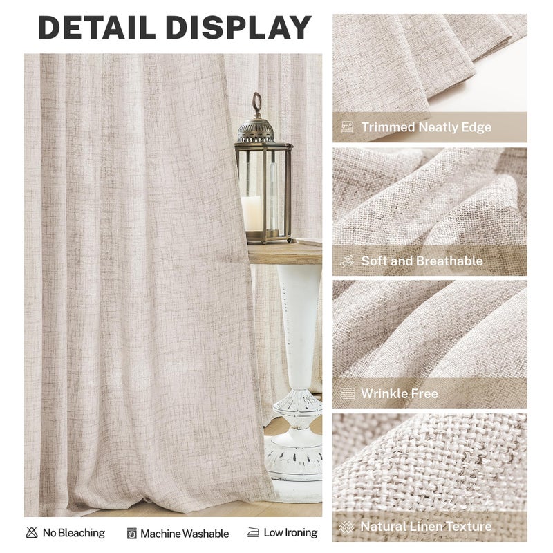MEETBILY Short Linen Curtains 45 Inch Length for Kitchen Cafe Window Bathroom 2 Panels Set Back Tab Pocket Farmhouse Boho Light Filter Semi Sheer Linen Blend Curtains for Small Window  50""x 45"" - Image 3