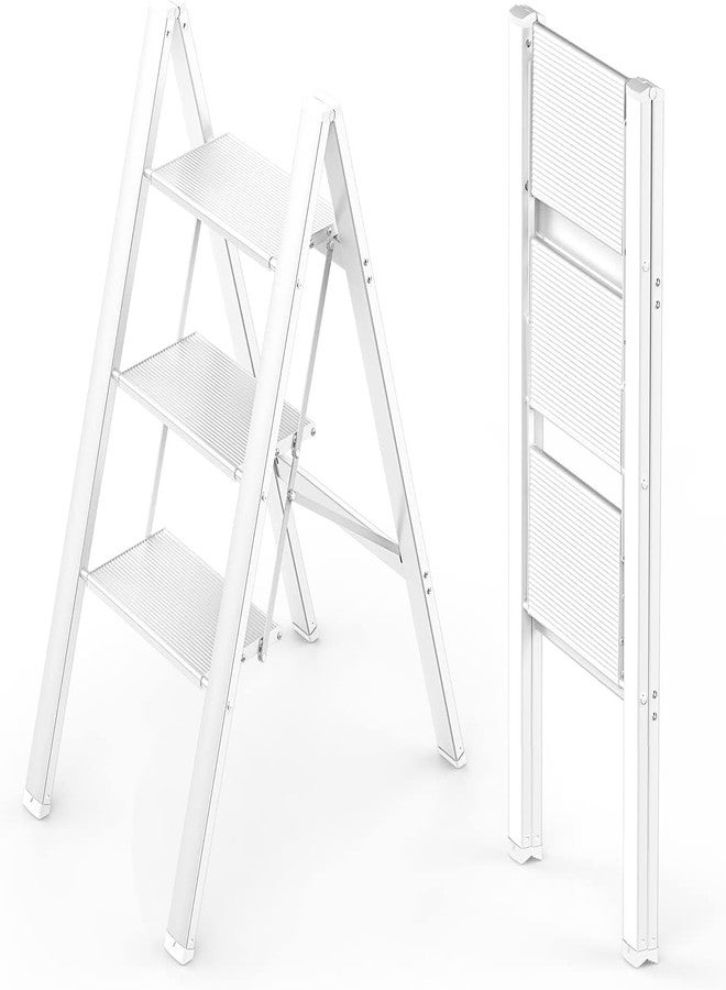 Matiko Step Ladder 3 Step Folding, Sturdy 330 Lbs Small Step Stool for Adults, Safer Full Steel Multi-use Kitchen Ladder for Home, Closet Step Stool Ladder with Anti-Slip Wide Pedals (White) - Image 1