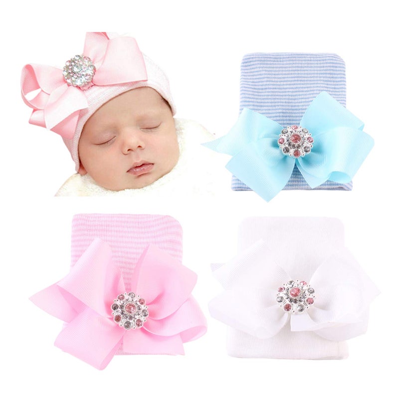 DRESHOW BQUBO Newborn Hospital Hat Infant Baby Hat Cap Big Bow Nursery Beanie 3 Pack