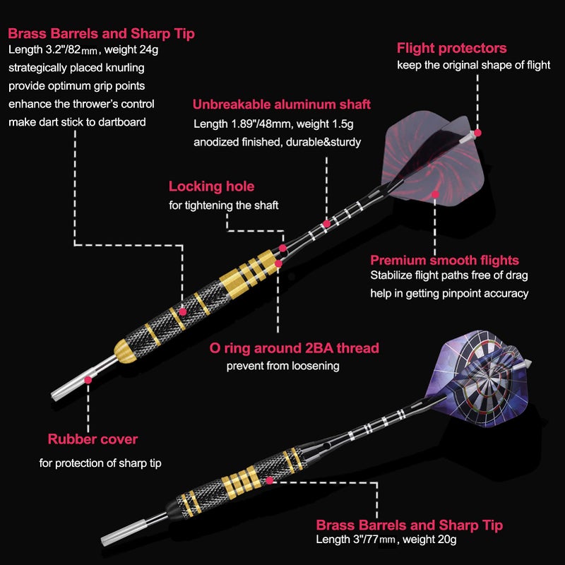 LANNEY Darts Metal Tip Set, 20 Grams and 24 Grams Steel Tip Darts Set, Professional Metal Tipped Darts with Sharpener Tool Kit, Aluminum Shafts, Brass Barrels, Carrying Case, Extra Flights, Dart Accessories - Image 3
