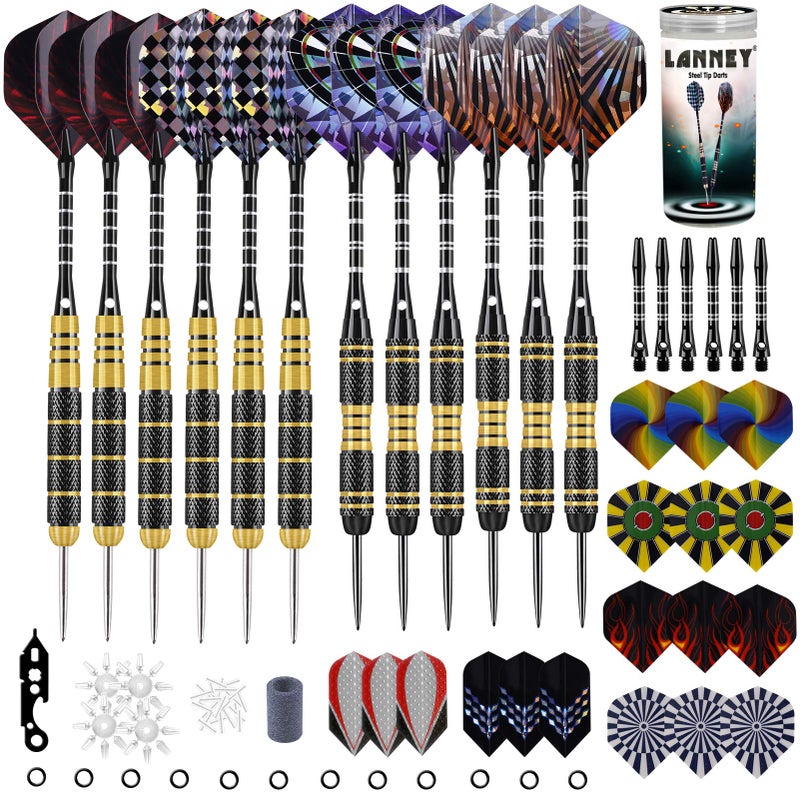 LANNEY Darts Metal Tip Set, 20 Grams and 24 Grams Steel Tip Darts Set, Professional Metal Tipped Darts with Sharpener Tool Kit, Aluminum Shafts, Brass Barrels, Carrying Case, Extra Flights, Dart Accessories - Image 1