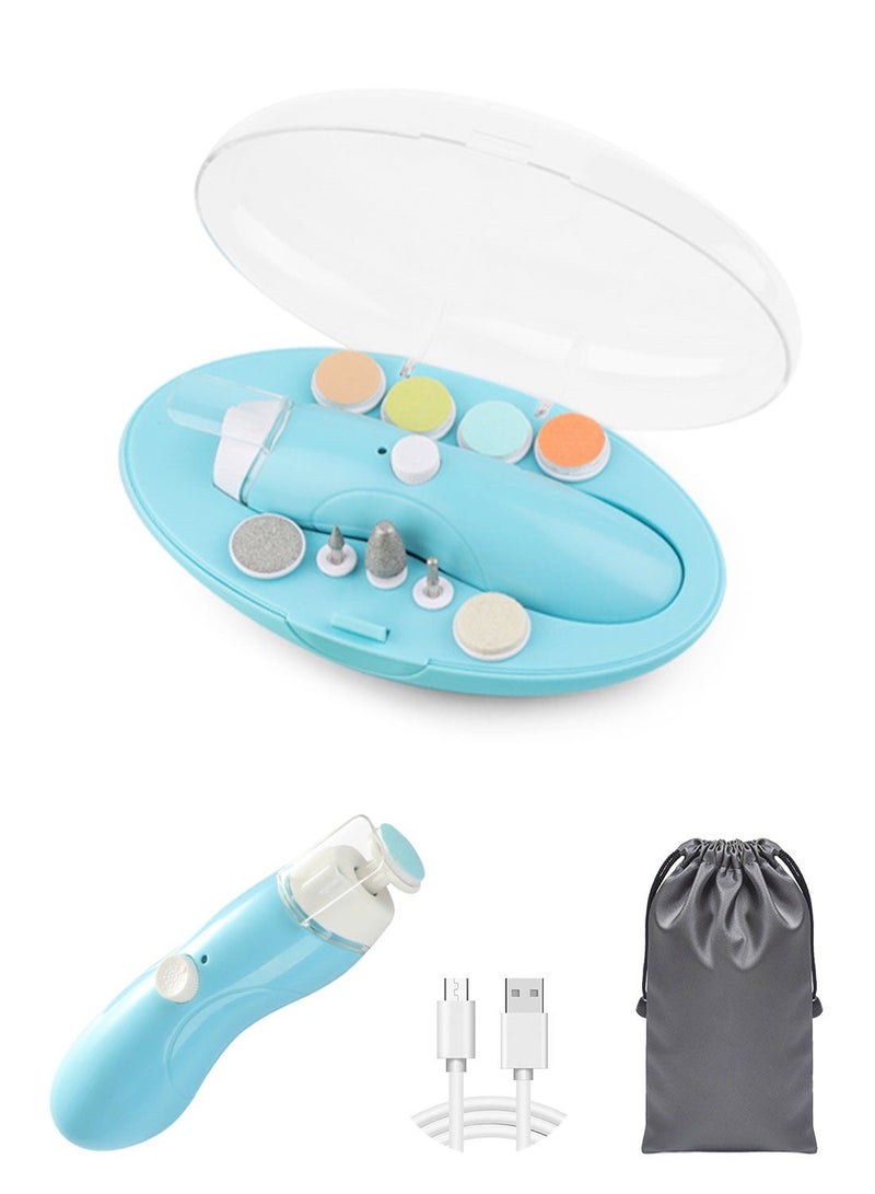 Baby Nail Trimmer Electric, Rechargeable Baby Nail File Baby Nail Clippers Set, Trim Polish Grooming Kit for Newborn Toddler or Adults Toes Fingernails, 9 Grinding Heads and LED Light - Blue - Image 1