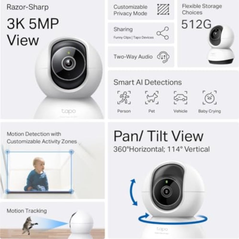 TC74 3K 5MP Pan/Tilt AI Home Security Wi-Fi Camera, AI Detection-Person, Pet, Vehicle, Baby Crying, Motion Tracking and Detection, Night Vision, Two-Way Audio Sound and Light Alarm - Image 3