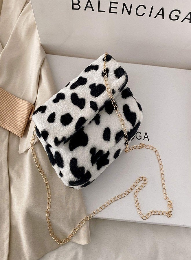 RARITYUS Women Fashion Leopard Print Shoulder Bag Fluffy Plush Handbag Cow Print Crossbody Purse Faux Fur with Chain Strap - Image 4