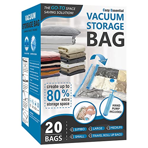 Cozy Essential 20 Pack Vacuum Storage Bags, Space Saver Bags (4 Jumbo/4 Large/4 Medium/4 Small/4 Roll) Vacuum Storage Bags for Comforters and Blankets, Vacuum Sealer Bags for Clothes Storage, Hand Pump Included - Image 1