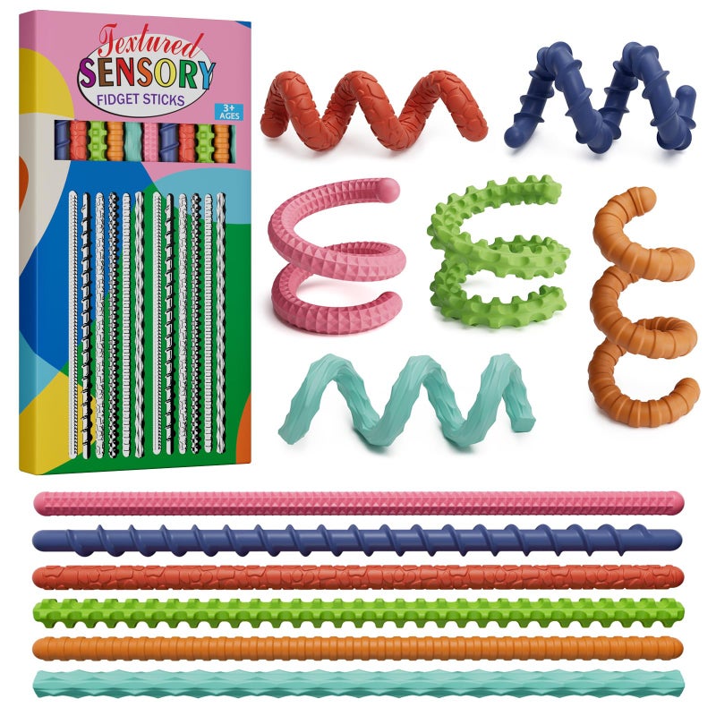 TIKWORK Sensory Fidget Toys for Kids Adults,12PCS Flexible Fidget Sticks for Stress Anxiety Autistic ADHD, Calm Down Travel Airplane Classroom Students Prizes Toys, Stocking Stuffers for Teens Boys Girls - Image 1