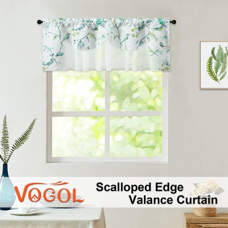 VOGOL VOGOL Country Style Kitchen Valance Curtains  Blue Birds Pattern Double Layers White Sheer Wavy Valances for Nursery  Linen Textured Rod Pocket Window Treatment  52 x 18  1 Panel  - Image 3