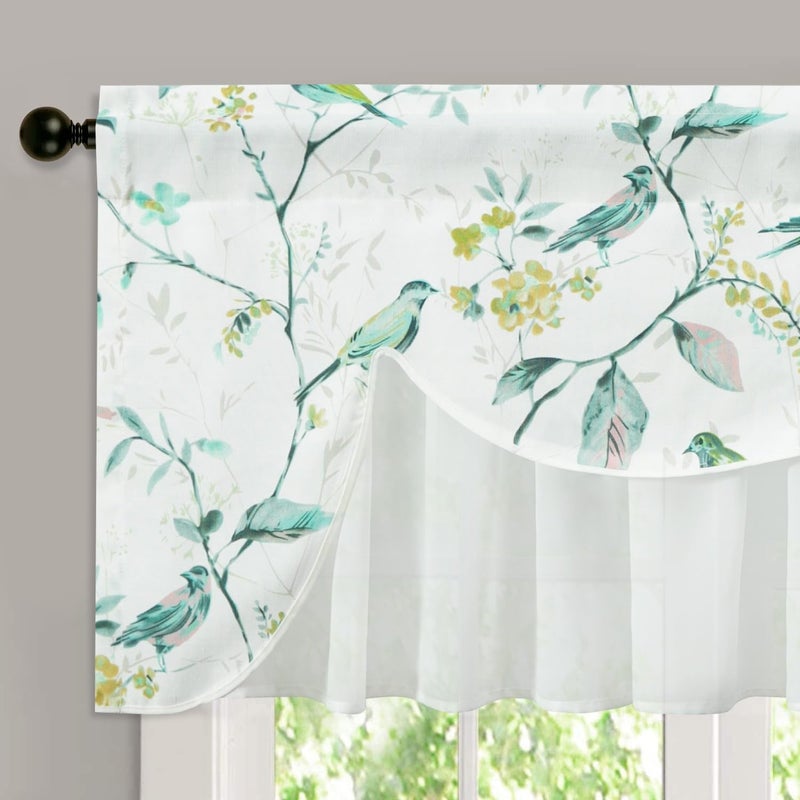 VOGOL VOGOL Country Style Kitchen Valance Curtains  Blue Birds Pattern Double Layers White Sheer Wavy Valances for Nursery  Linen Textured Rod Pocket Window Treatment  52 x 18  1 Panel  - Image 1