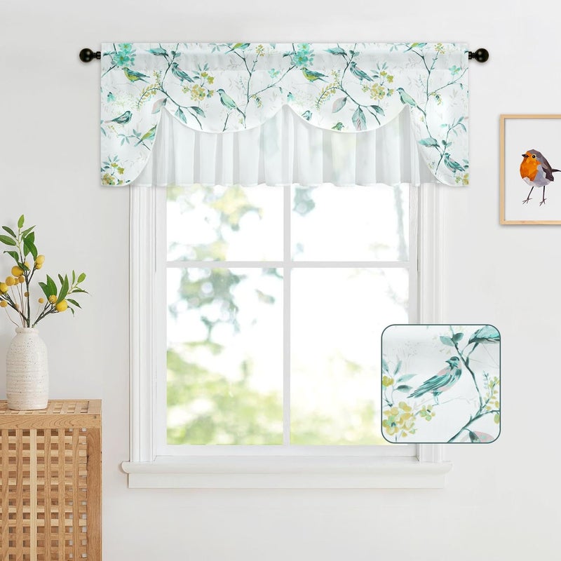VOGOL VOGOL Country Style Kitchen Valance Curtains  Blue Birds Pattern Double Layers White Sheer Wavy Valances for Nursery  Linen Textured Rod Pocket Window Treatment  52 x 18  1 Panel  - Image 2