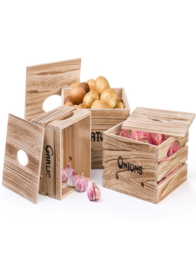 Frcctre 3 Pack Vegetable Storage Bins, Farmhouse Potato Onion Garlic Kitchen Storage Canisters Set, Wooden Stackable Vegetable Keeper with Lid and Aerating Holes for for Pantry Organization - Image 3
