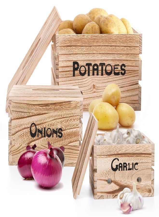 Frcctre 3 Pack Vegetable Storage Bins, Farmhouse Potato Onion Garlic Kitchen Storage Canisters Set, Wooden Stackable Vegetable Keeper with Lid and Aerating Holes for for Pantry Organization - Image 1