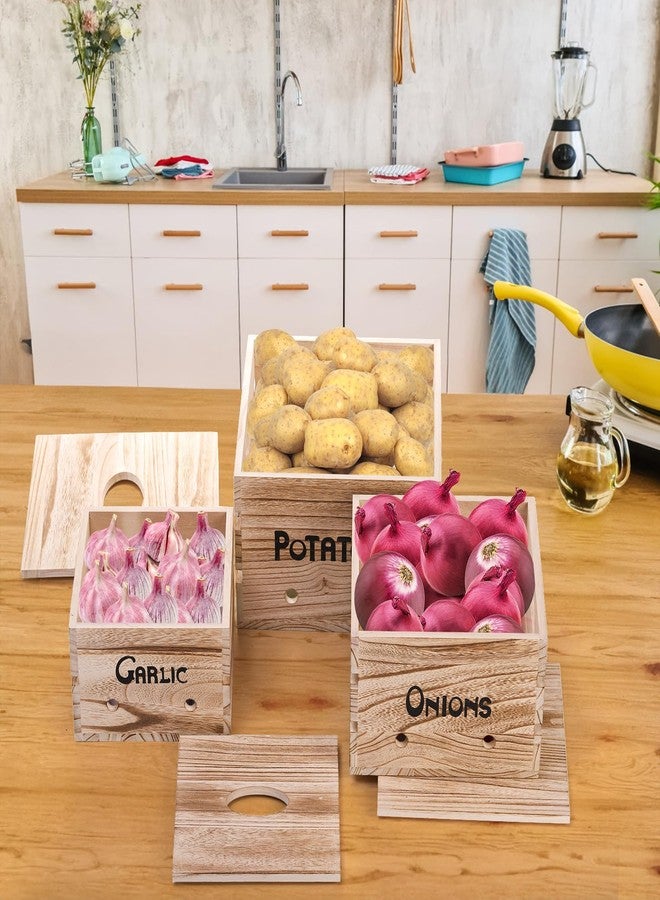 Frcctre 3 Pack Vegetable Storage Bins, Farmhouse Potato Onion Garlic Kitchen Storage Canisters Set, Wooden Stackable Vegetable Keeper with Lid and Aerating Holes for for Pantry Organization - Image 5
