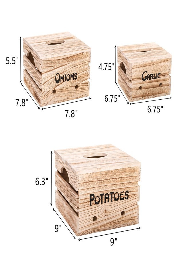 Frcctre 3 Pack Vegetable Storage Bins, Farmhouse Potato Onion Garlic Kitchen Storage Canisters Set, Wooden Stackable Vegetable Keeper with Lid and Aerating Holes for for Pantry Organization - Image 2