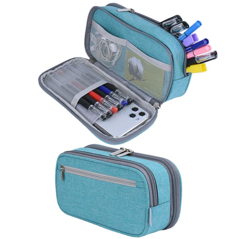 Chelory Big Capacity Pencil Case Large Pencil Bag Pouch 3 Comparments Pen Pencil Marker Cases Holder Makeup Bag Office Desk Supplies Stationery Organizer Women Men Light Blue