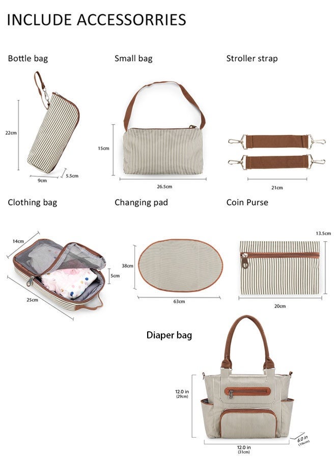 طقم حقيبة حفاضات مكون من 6 مع خطافات عربة الأطفال وسجادة تغيير الحفاضات حقيبة حفاضات للأطفال للسفر والشاطئ والتسوق حقيبة متعددة الوظائف للأمهات حقيبة تجميل حقيبة رطبة وجافة (أبيض عاجي) - Image 2