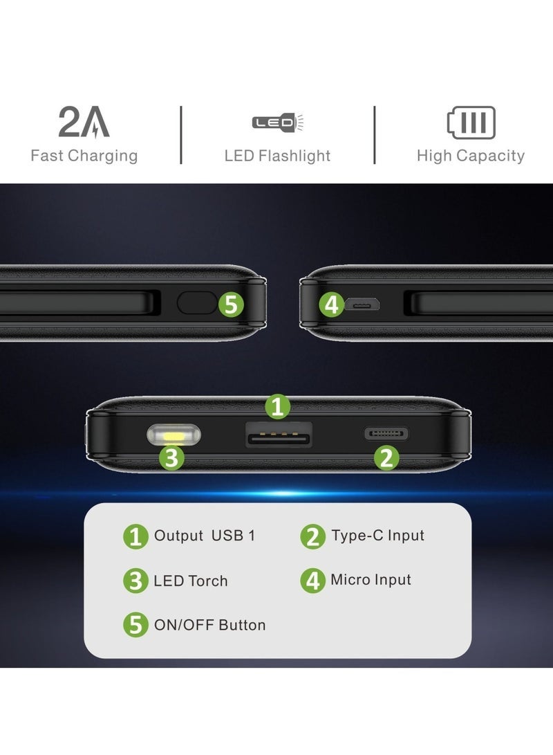 فيجير 10000mAh Slim Portable Power Bank – Fast Charging with Flashlight, 3 Output & Dual Input, Built-in Cables, Compact External Battery Pack for Smartphones, Tablets & USB Devices – Travel Friendly - Image 2