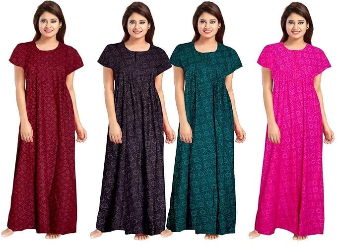 Vlazom Women's Cotton Nightgown – Pack of 4 Printed Maxi Nighties | Ankle Length Night Dress | Free Size Sleepwear (Option-12, Free Size) - Image 1
