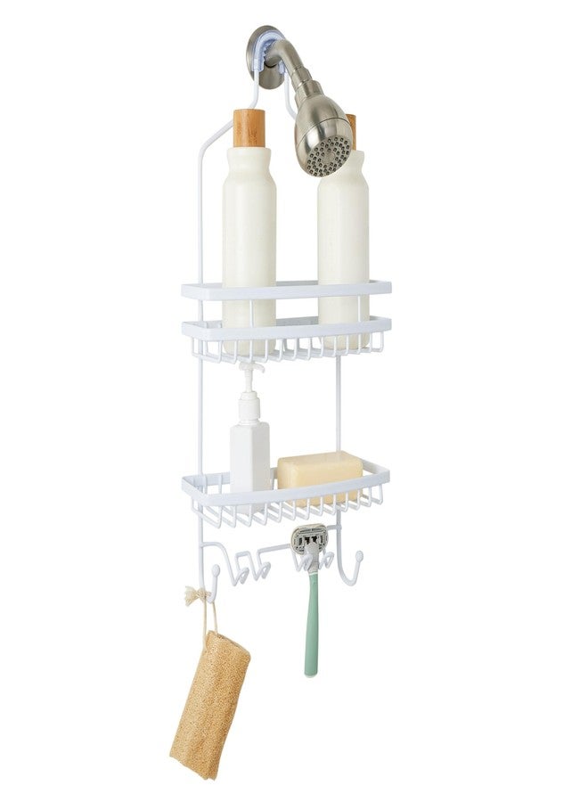 Bath Bliss Shower Head Caddy, Suction Cup Backing, 2 Tier Shelving & 6 Accessory Hooks, White (23386-WHITE) - Image 2