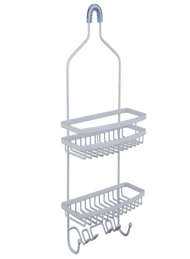 Bath Bliss Shower Head Caddy, Suction Cup Backing, 2 Tier Shelving & 6 Accessory Hooks, White (23386-WHITE) - Image 1