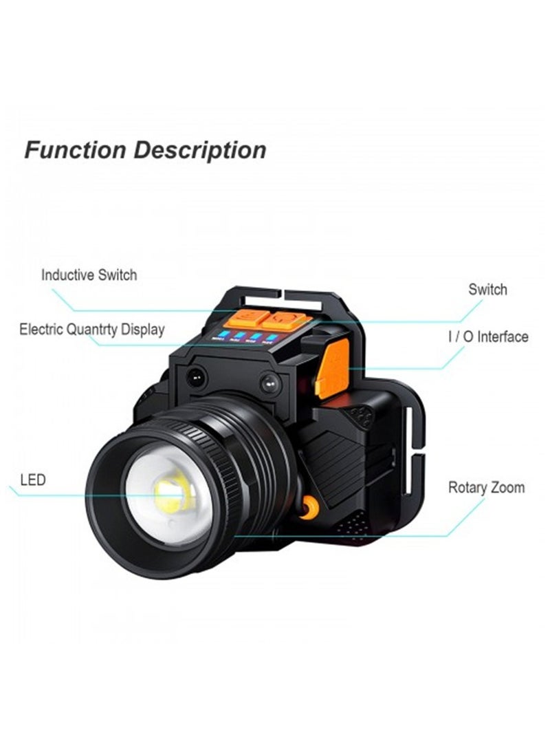 مصباح أمامي LED سعة كبيرة ضوء قوي قابل لإعادة الشحن مقاوم للماء في الهواء الطلق الصيد الليلي طويل المدى مصباح يدوي التخييم ضوء مستشعر وضع التبديل - Image 3